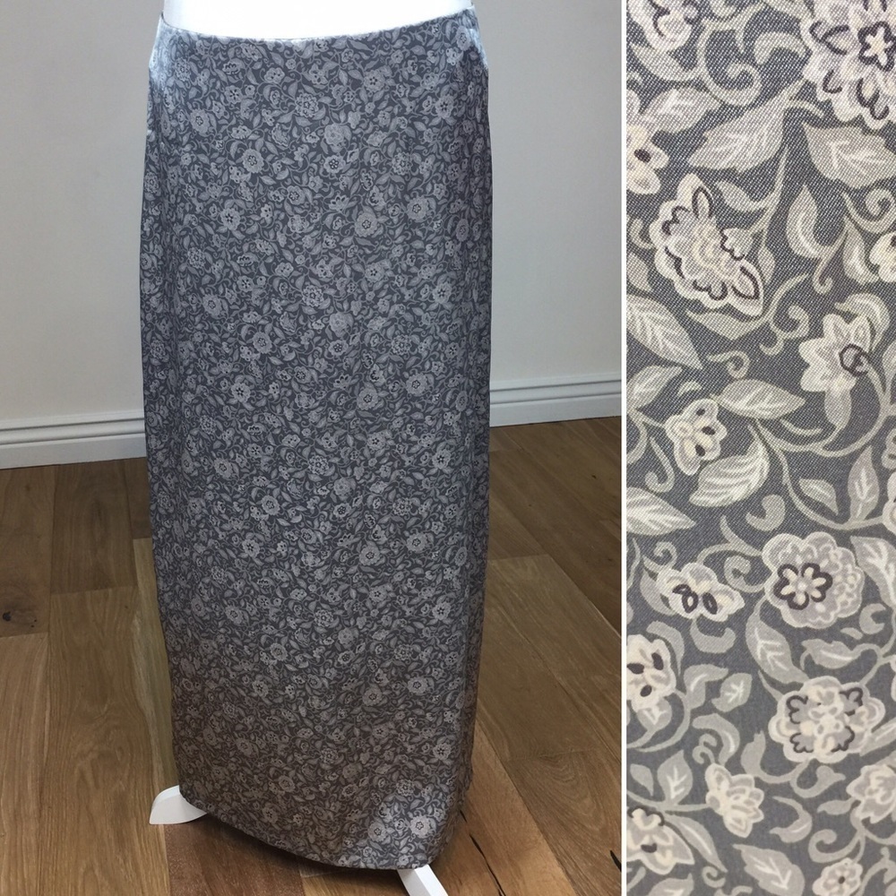 Vintage Floral Gray Silver Satin Midi Skirt